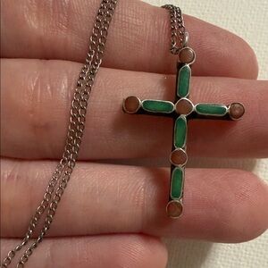 Sterling Silver 925 coral & green emerald Native Cross Pendant Necklace 18’